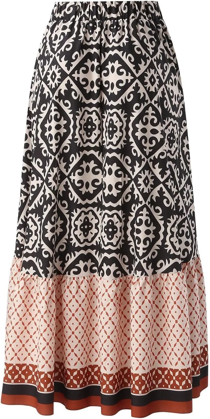 Skirts for Women Boho Elastic Waist Floral Pleated Skirt Midi Swing Skirt with Pockets Business A-Line Skirts