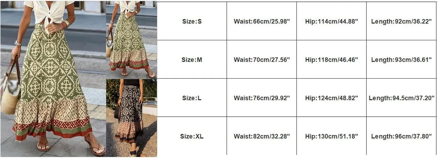 Skirts for Women Boho Elastic Waist Floral Pleated Skirt Midi Swing Skirt with Pockets Business A-Line Skirts
