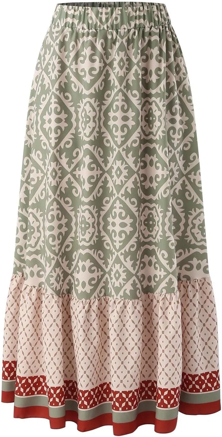 Skirts for Women Boho Elastic Waist Floral Pleated Skirt Midi Swing Skirt with Pockets Business A-Line Skirts