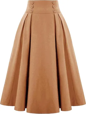 Solid Color Skirts for Women High Waisted Bohemian Midi Length Casual Skirt with Elastic Waist and Tiered Design