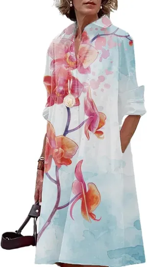 Summer Womens MIdi Button Down Long Sleeve Linen Shirt Dresses V Neck Loose Fitting Plus Size Casual Dress for Women