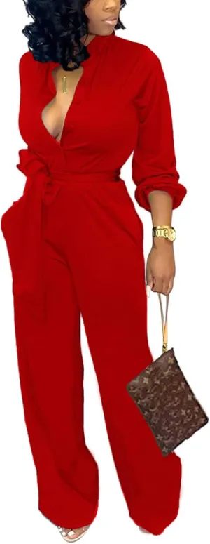 SxClub Jumpsuits for Women Formal Sexy Elegant Long Straight Pants Busineess Party Jumpsuit with Belt Pockets