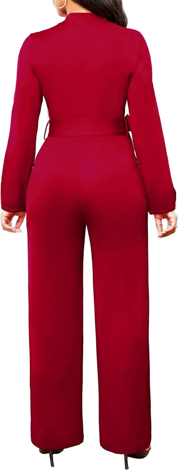 SxClub Jumpsuits for Women Formal Sexy Elegant Long Straight Pants Busineess Party Jumpsuit with Belt Pockets