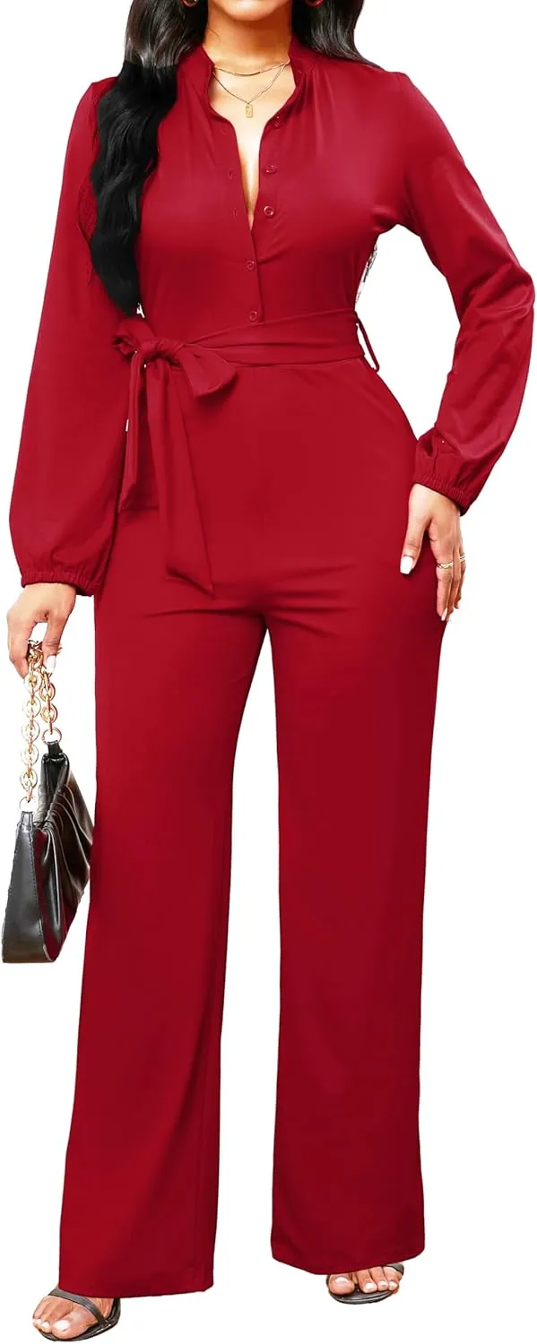 SxClub Jumpsuits for Women Formal Sexy Elegant Long Straight Pants Busineess Party Jumpsuit with Belt Pockets