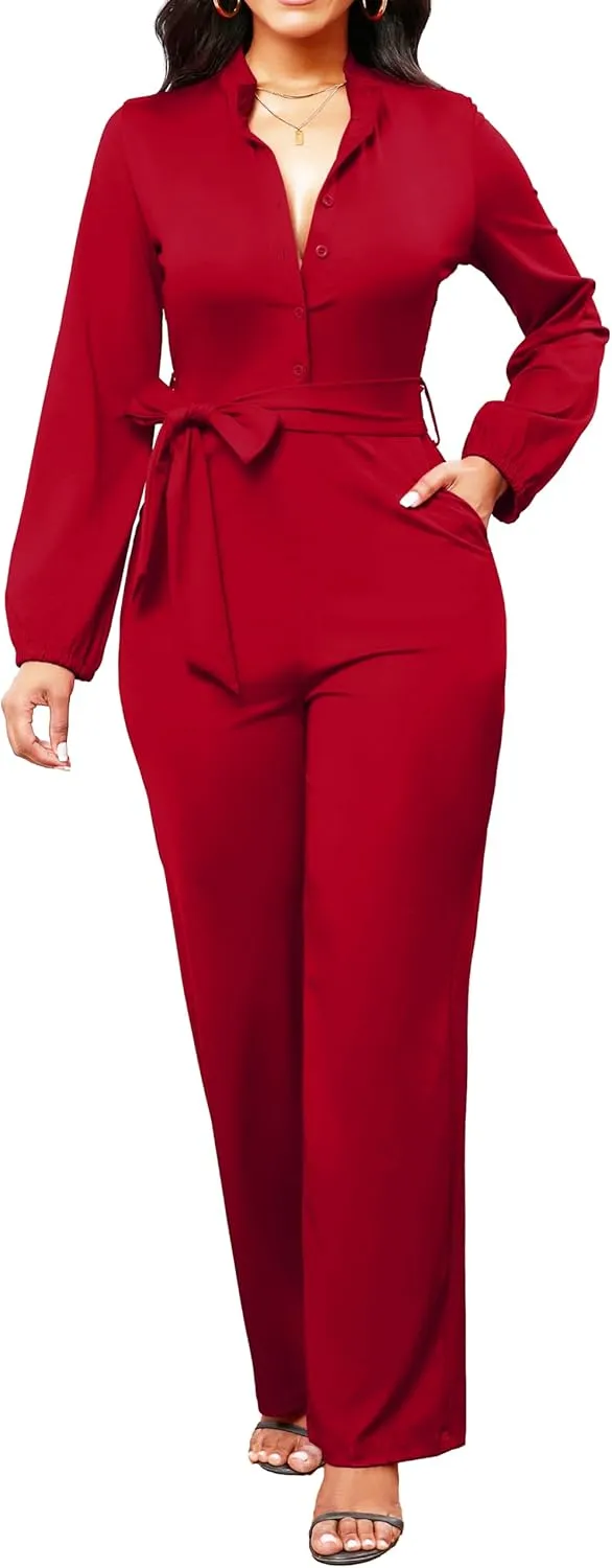 SxClub Jumpsuits for Women Formal Sexy Elegant Long Straight Pants Busineess Party Jumpsuit with Belt Pockets