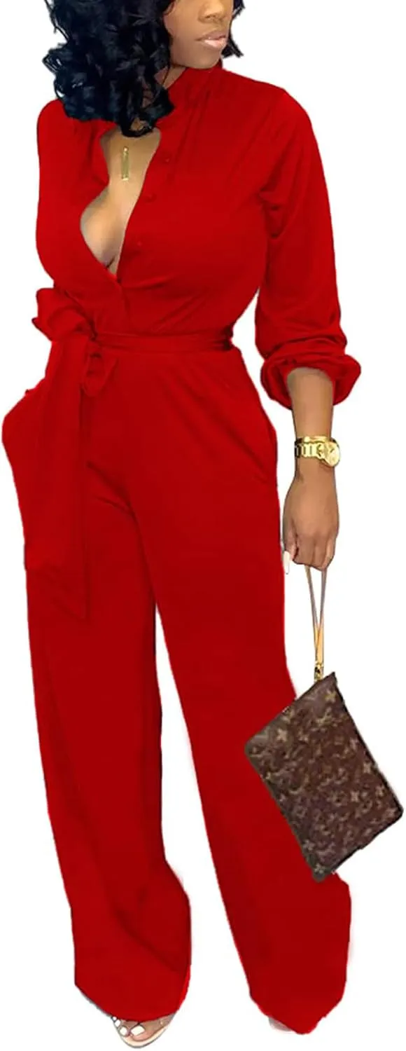 SxClub Jumpsuits for Women Formal Sexy Elegant Long Straight Pants Busineess Party Jumpsuit with Belt Pockets