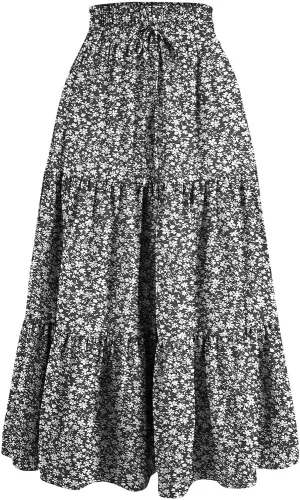 Tiered Maxi Skirts for Women Comfy Elastic High Waisted Ruffle Hem Flowy Swing Summer Cover Ups Long Skorts