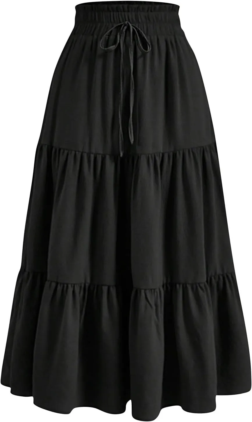 Tiered Maxi Skirts for Women Comfy Ruffle Hem Flowy Swing Long Skorts Elastic High Waisted Summer Cover Ups