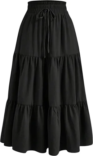 Tiered Maxi Skirts for Women Comfy Ruffle Hem Flowy Swing Long Skorts Elastic High Waisted Summer Cover Ups