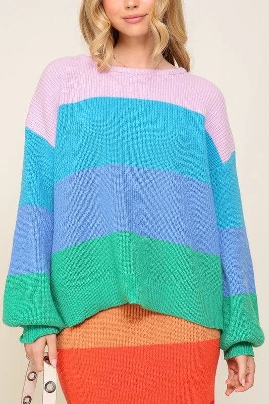 Timing Bold Rainbow Stripe Oversized Chunky Knit Pullover