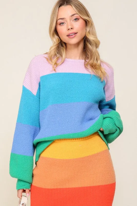 Timing Bold Rainbow Stripe Oversized Chunky Knit Pullover