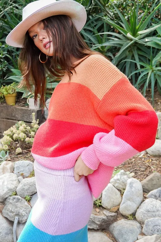 Timing Bold Rainbow Stripe Oversized Chunky Knit Pullover
