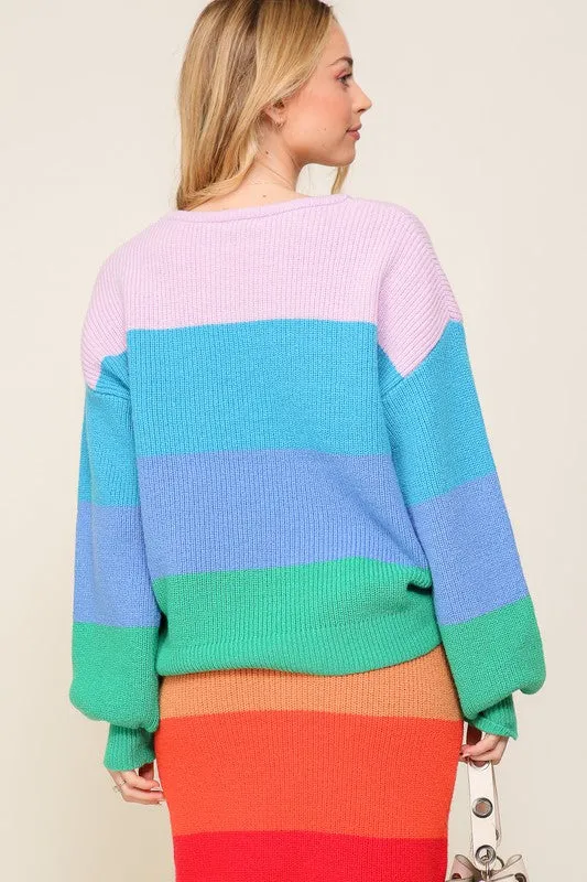 Timing Bold Rainbow Stripe Oversized Chunky Knit Pullover
