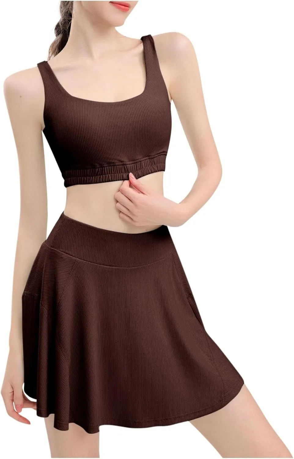 Two Piece Tennis Skirt Sets for Women Ribbed High Waisted Skorts Set with Backless Crop Top Gym Yoga Outfits