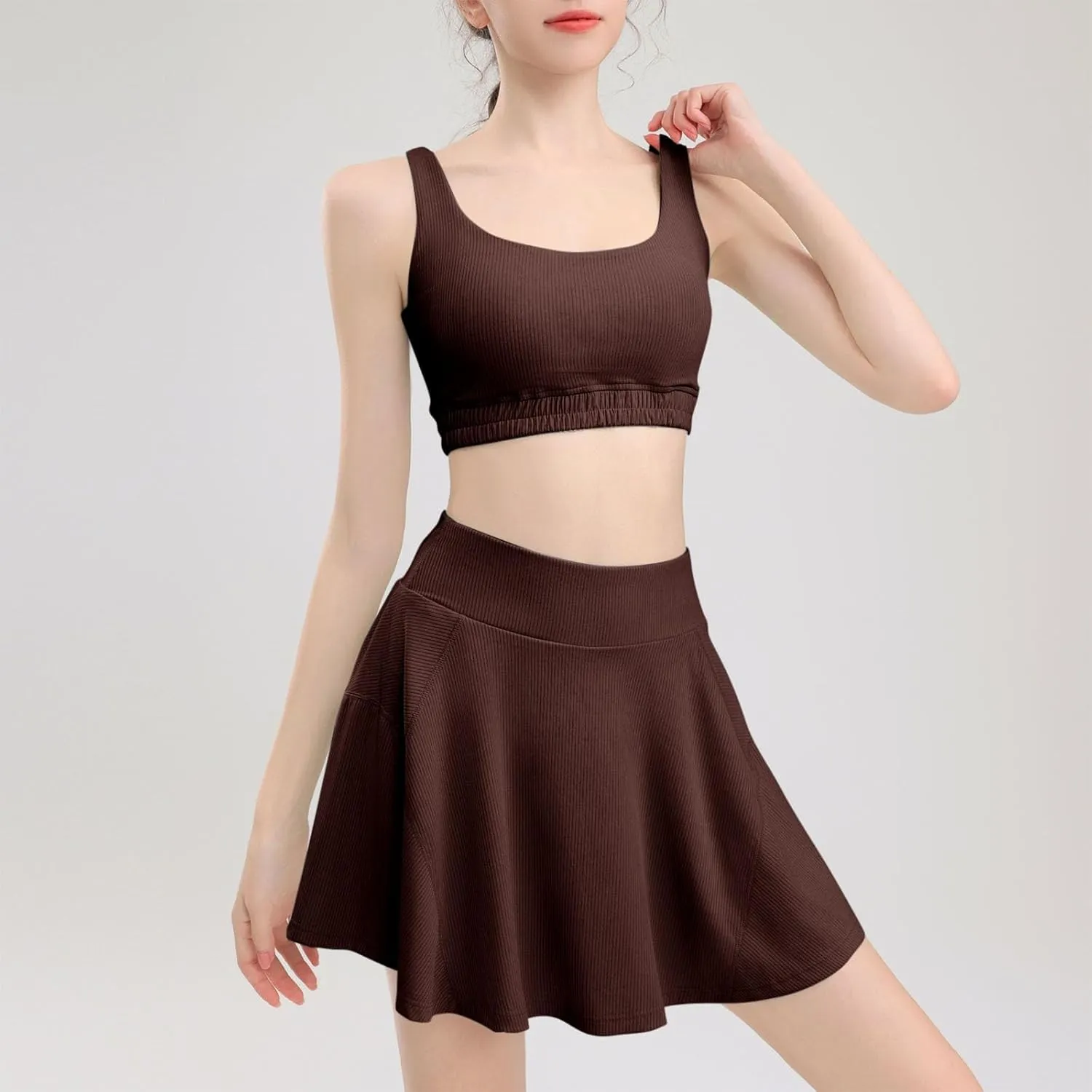 Two Piece Tennis Skirt Sets for Women Ribbed High Waisted Skorts Set with Backless Crop Top Gym Yoga Outfits