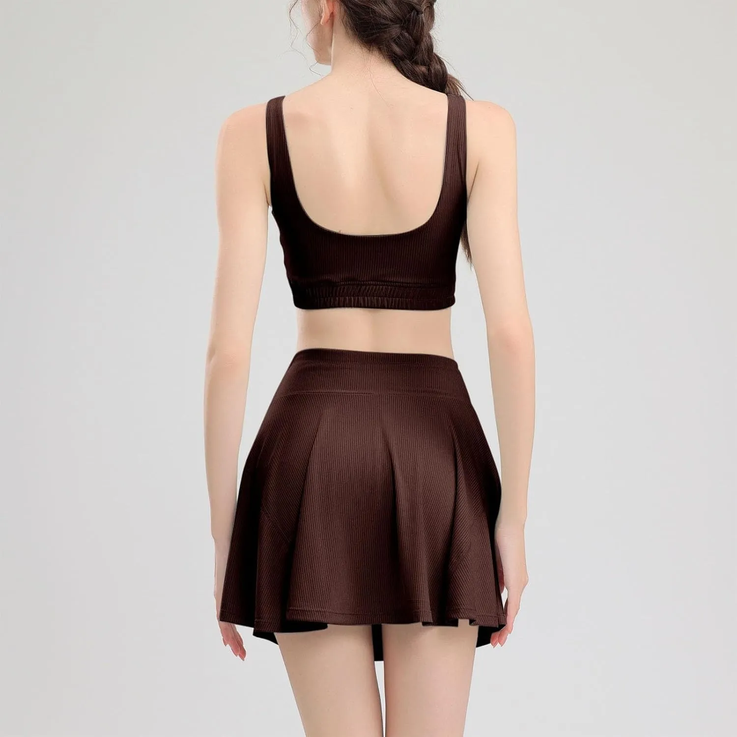 Two Piece Tennis Skirt Sets for Women Ribbed High Waisted Skorts Set with Backless Crop Top Gym Yoga Outfits