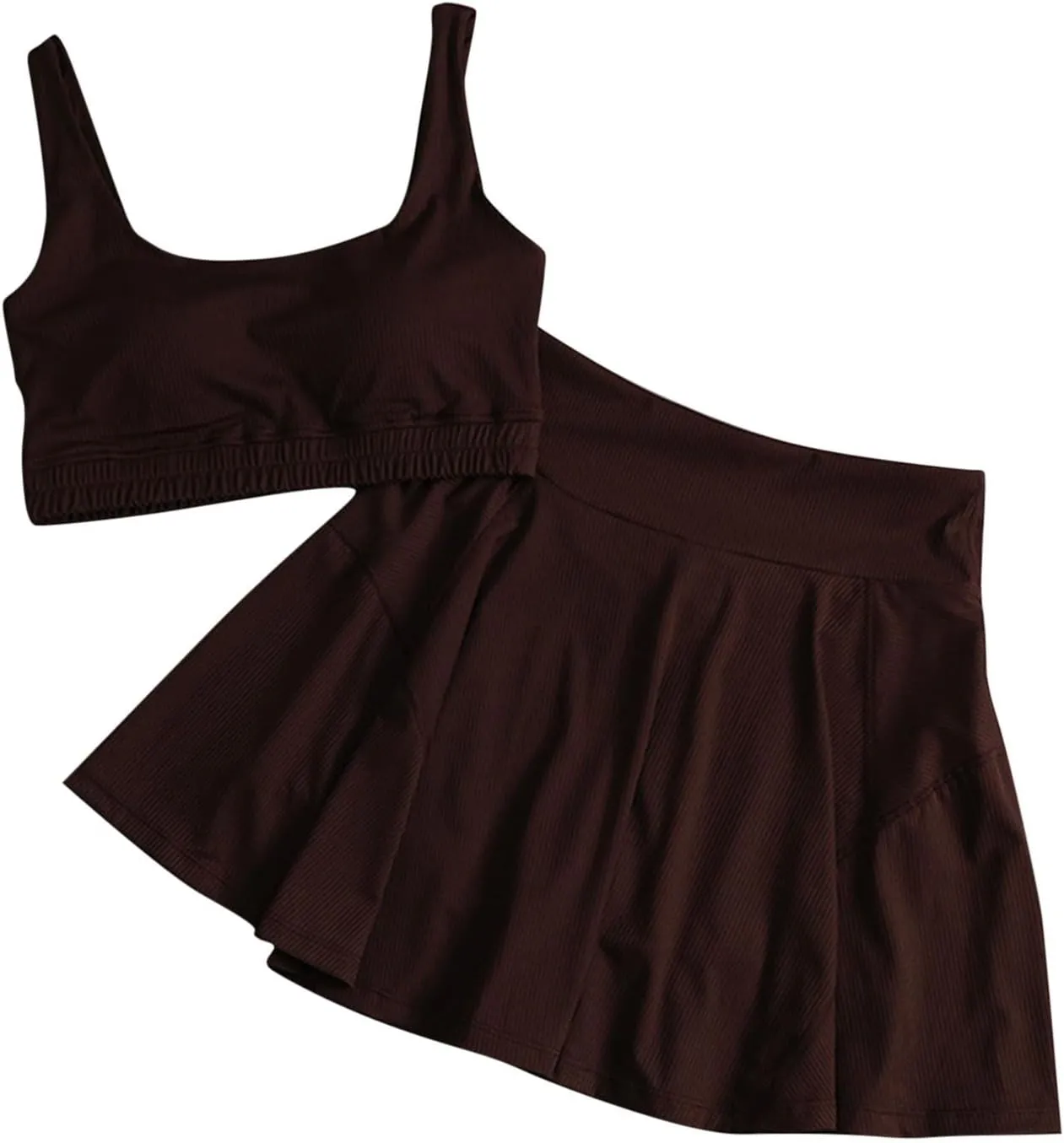 Two Piece Tennis Skirt Sets for Women Ribbed High Waisted Skorts Set with Backless Crop Top Gym Yoga Outfits