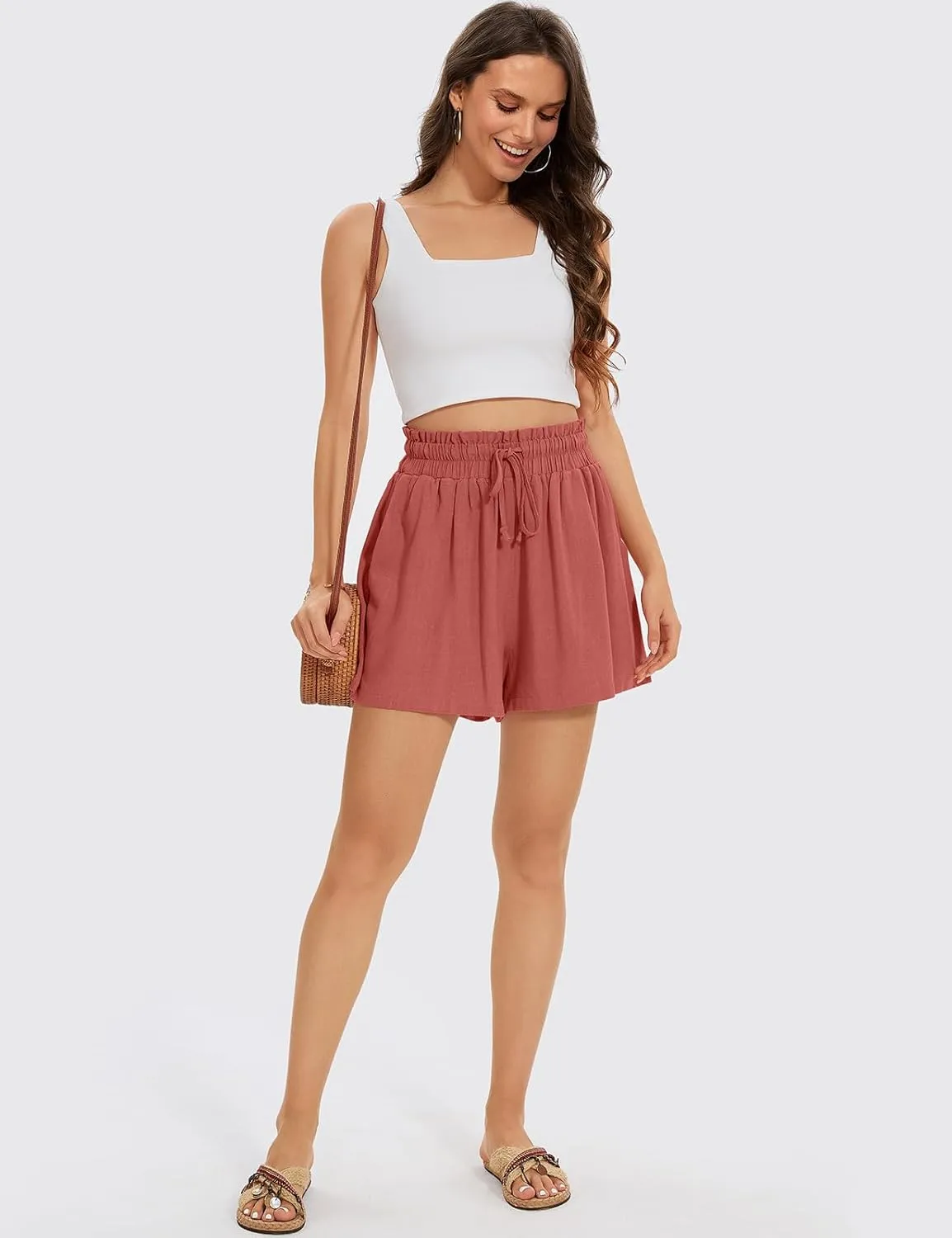 UEU Womens Linen Pants Summer Wide Leg Casual Loose High Waist Drawstring Palazzo Capri with Pockets- 25" / 20" / 3" Inseam