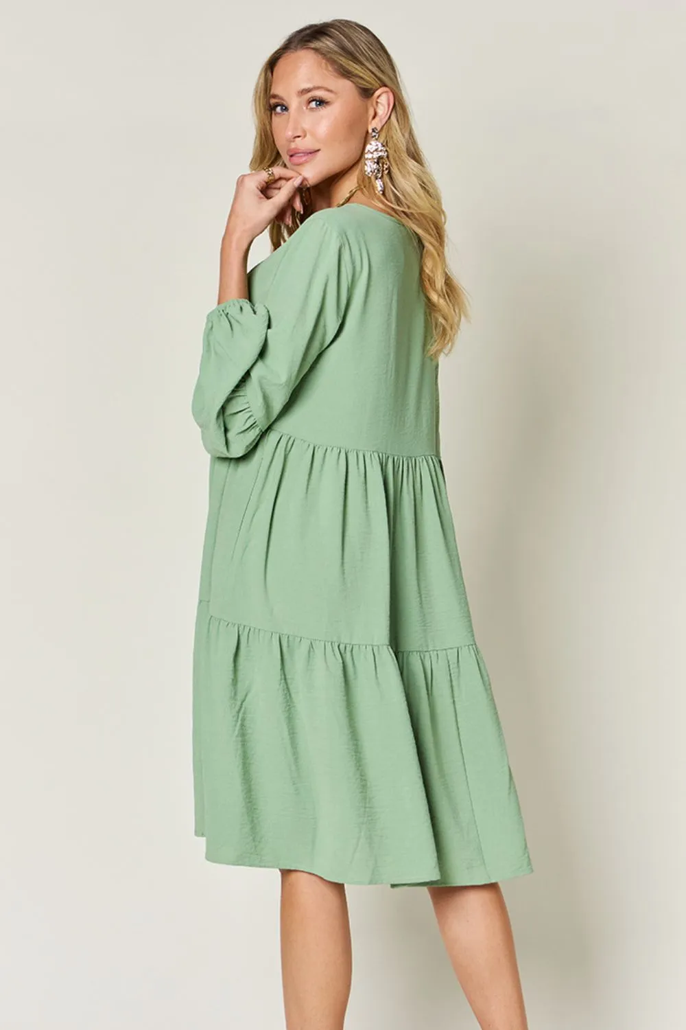 V-Neck Balloon Sleeve Tiered Dress
