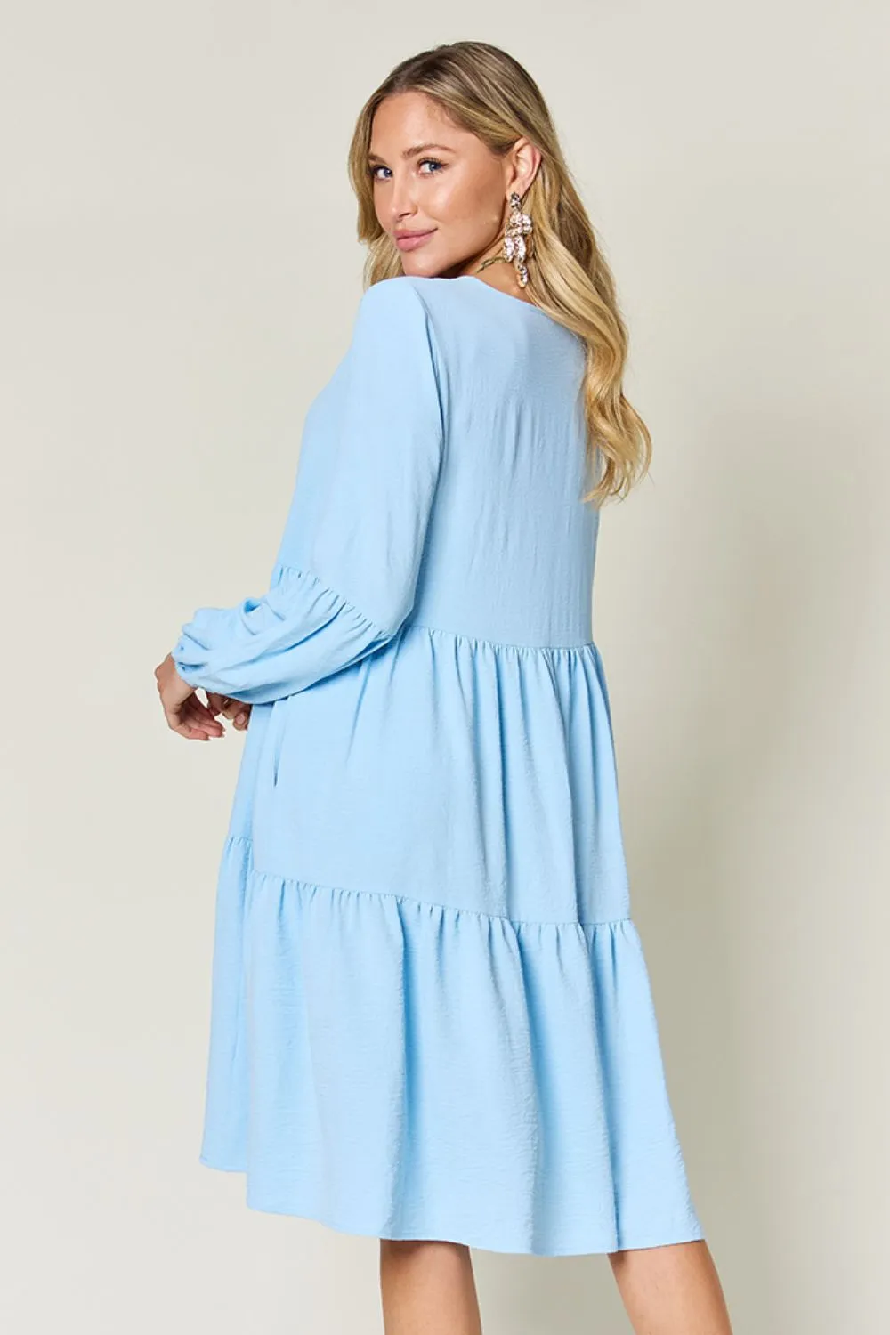 V-Neck Balloon Sleeve Tiered Dress