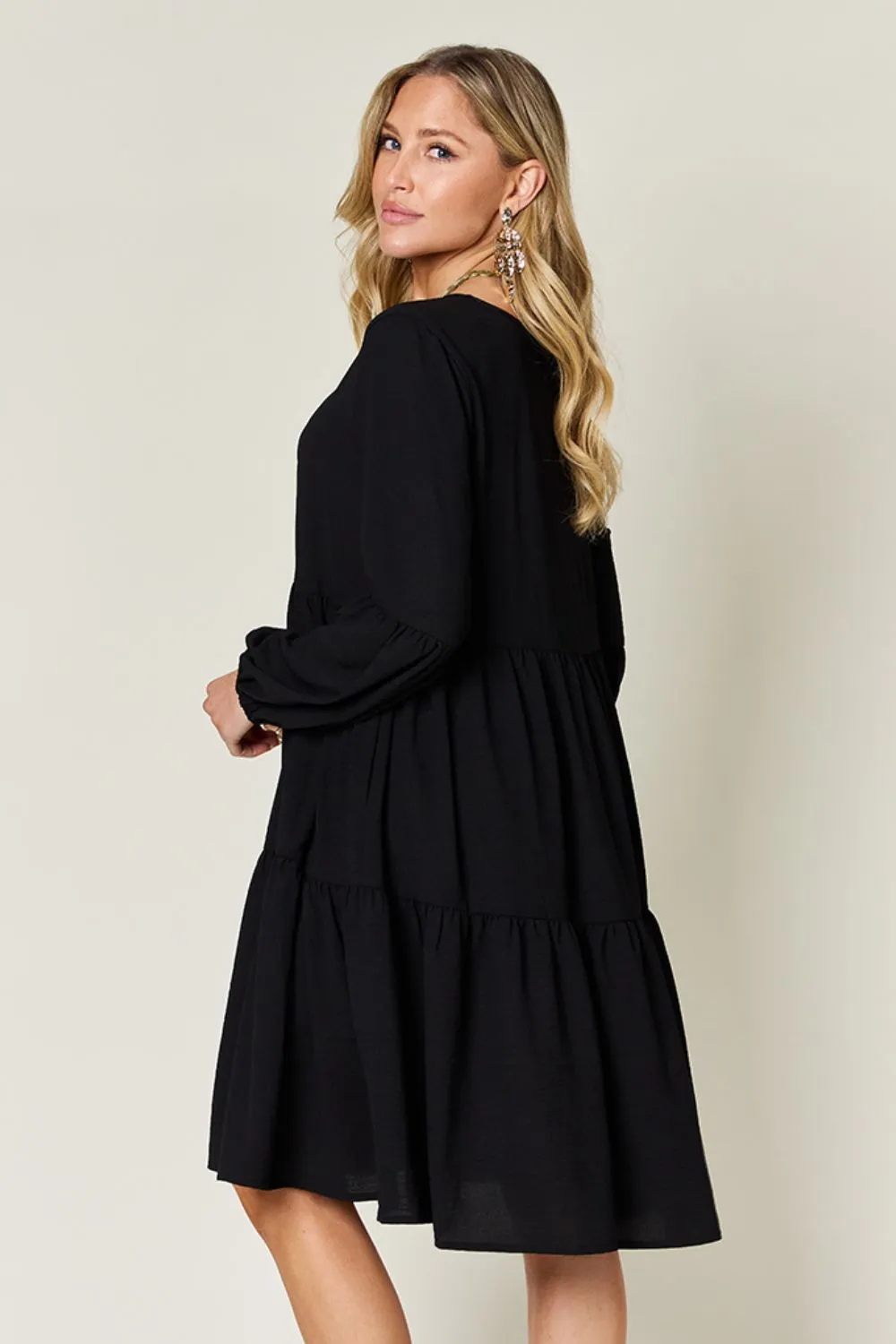V-Neck Balloon Sleeve Tiered Dress