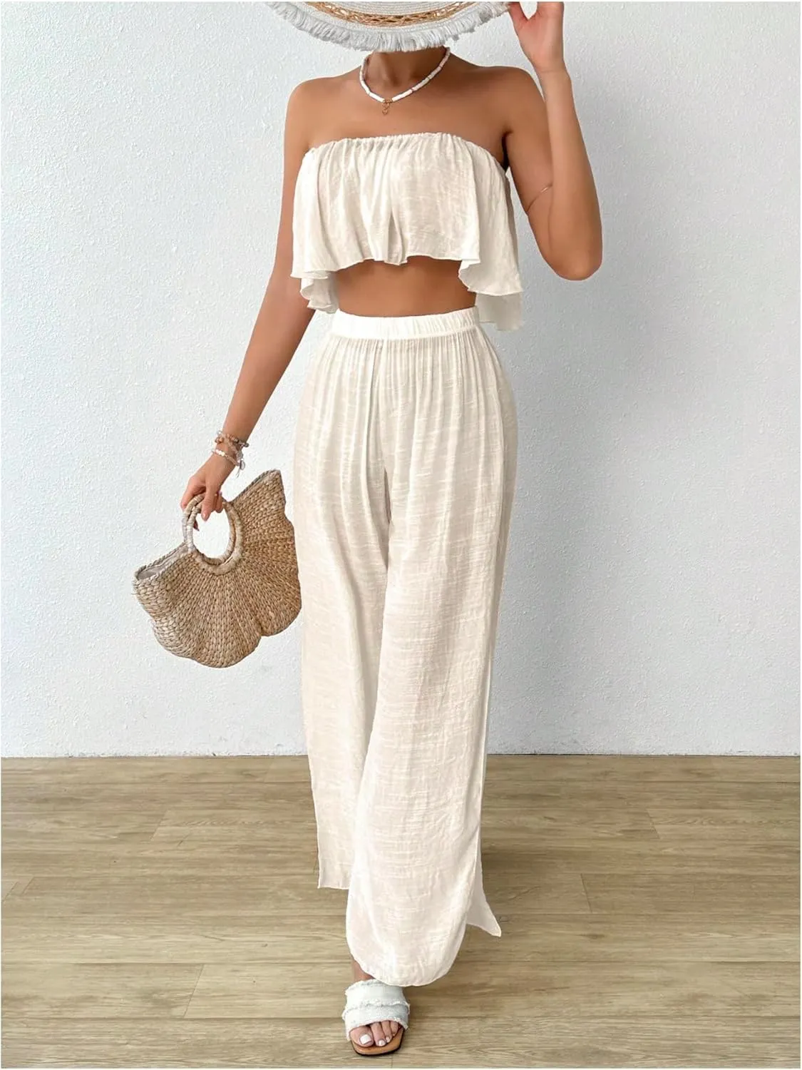 Verdusa Women's 2 Piece Beach Coverup Set Ruffle Crop Tube Top High Rise Baggy Pants Swimsuit
