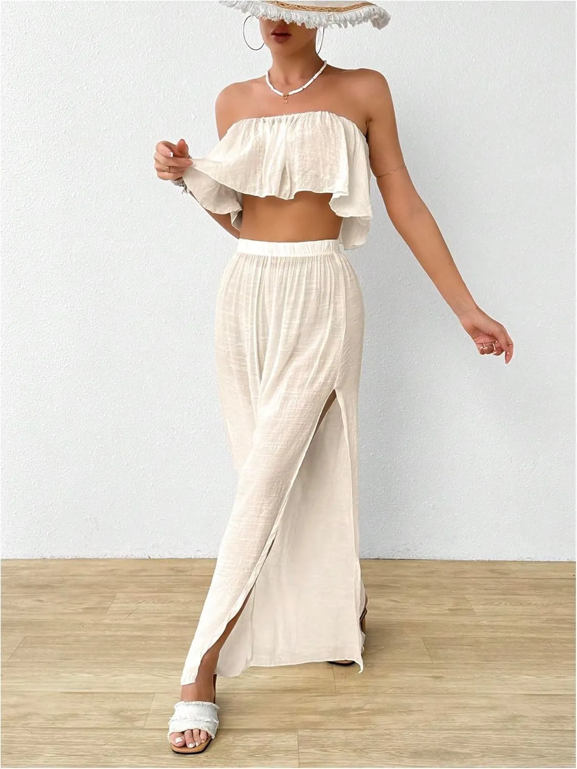Verdusa Women's 2 Piece Beach Coverup Set Ruffle Crop Tube Top High Rise Baggy Pants Swimsuit