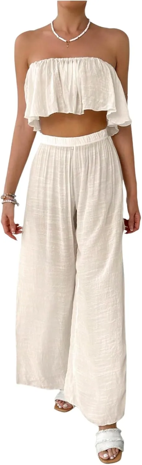 Verdusa Women's 2 Piece Beach Coverup Set Ruffle Crop Tube Top High Rise Baggy Pants Swimsuit