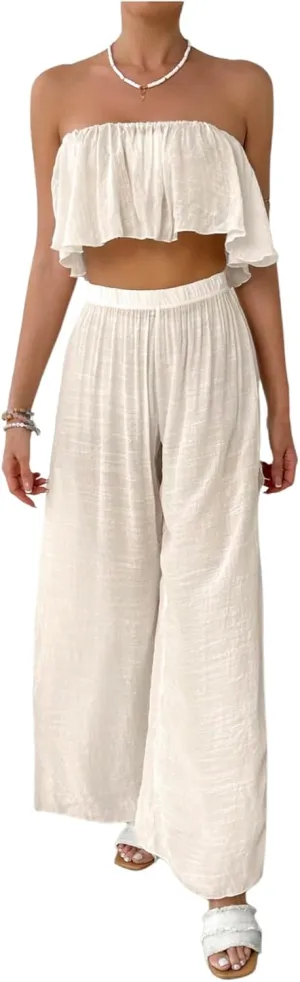 Verdusa Women's 2 Piece Beach Coverup Set Ruffle Crop Tube Top High Rise Baggy Pants Swimsuit