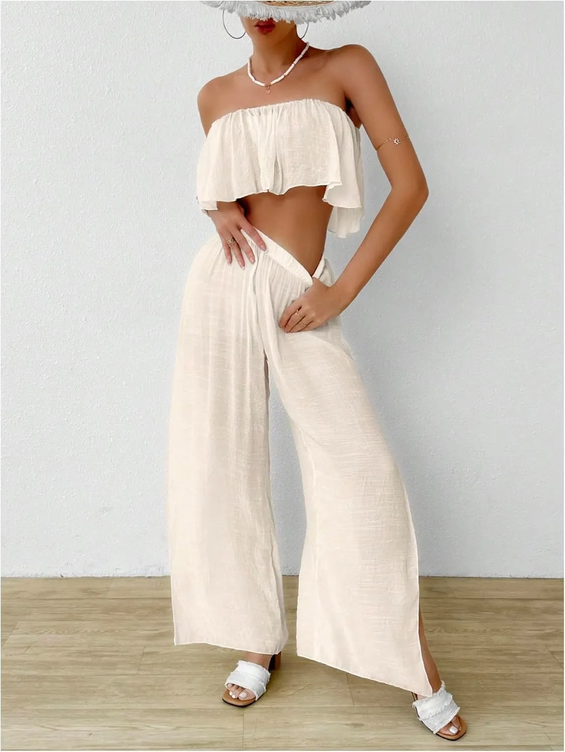 Verdusa Women's 2 Piece Beach Coverup Set Ruffle Crop Tube Top High Rise Baggy Pants Swimsuit