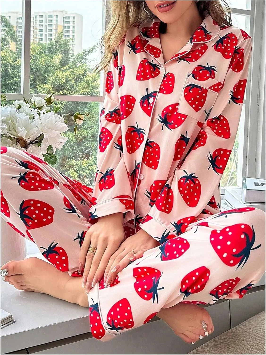 WDIRARA Women's 2 Piece Fruit Pajama Set Strawberry Print Long Sleeve Button Shirt and Pants Sleepwear