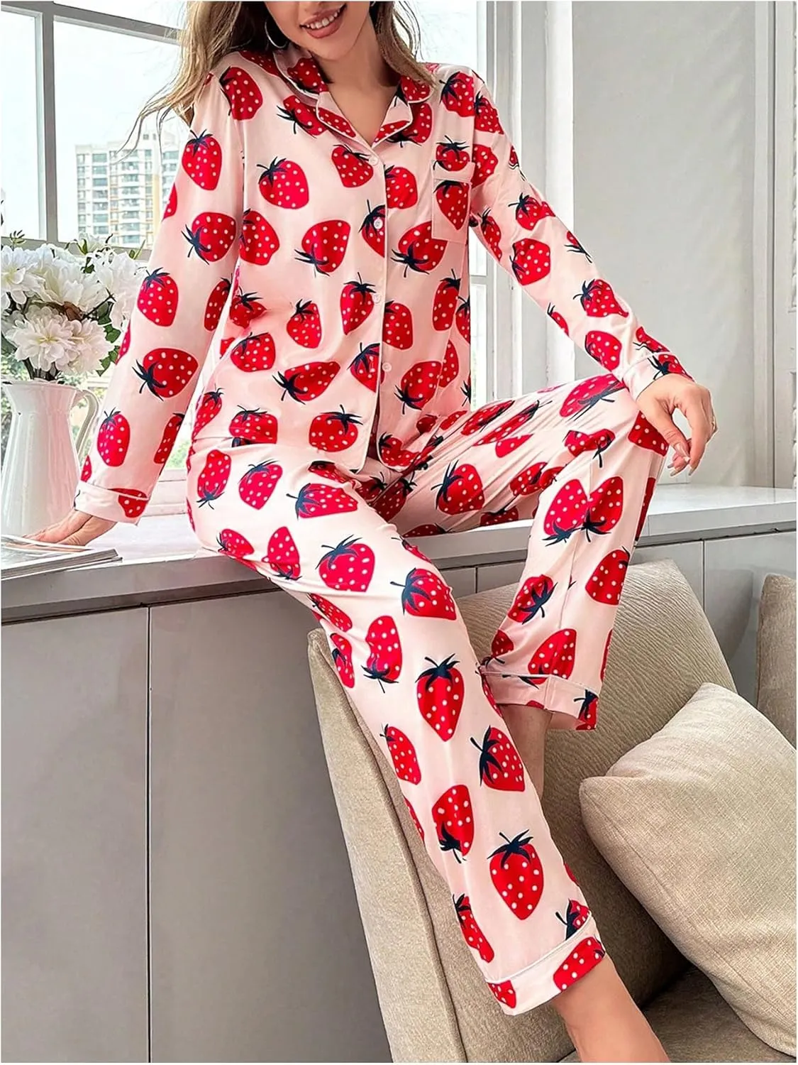 WDIRARA Women's 2 Piece Fruit Pajama Set Strawberry Print Long Sleeve Button Shirt and Pants Sleepwear