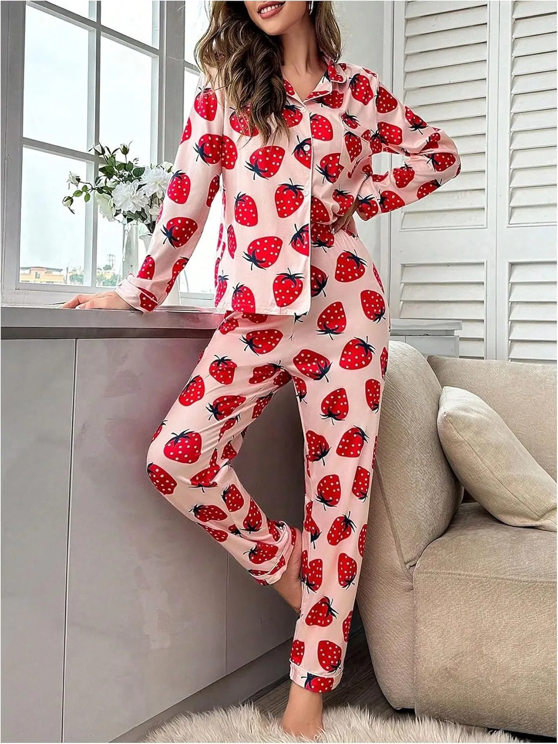 WDIRARA Women's 2 Piece Fruit Pajama Set Strawberry Print Long Sleeve Button Shirt and Pants Sleepwear
