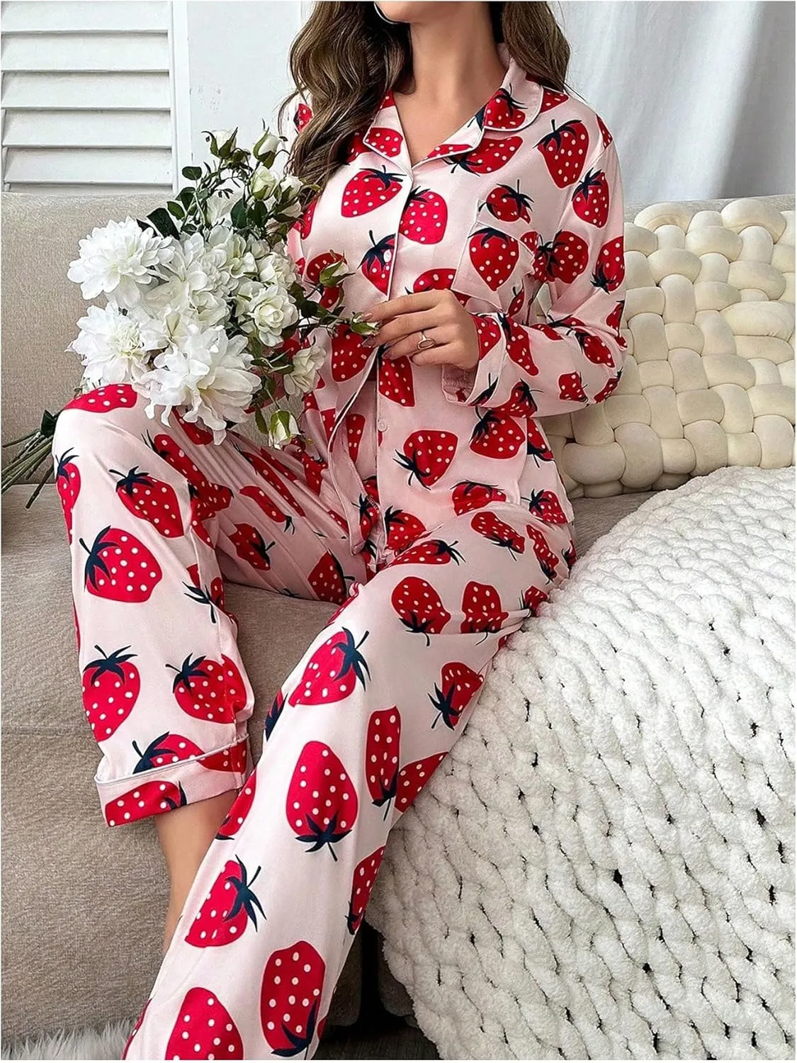 WDIRARA Women's 2 Piece Fruit Pajama Set Strawberry Print Long Sleeve Button Shirt and Pants Sleepwear