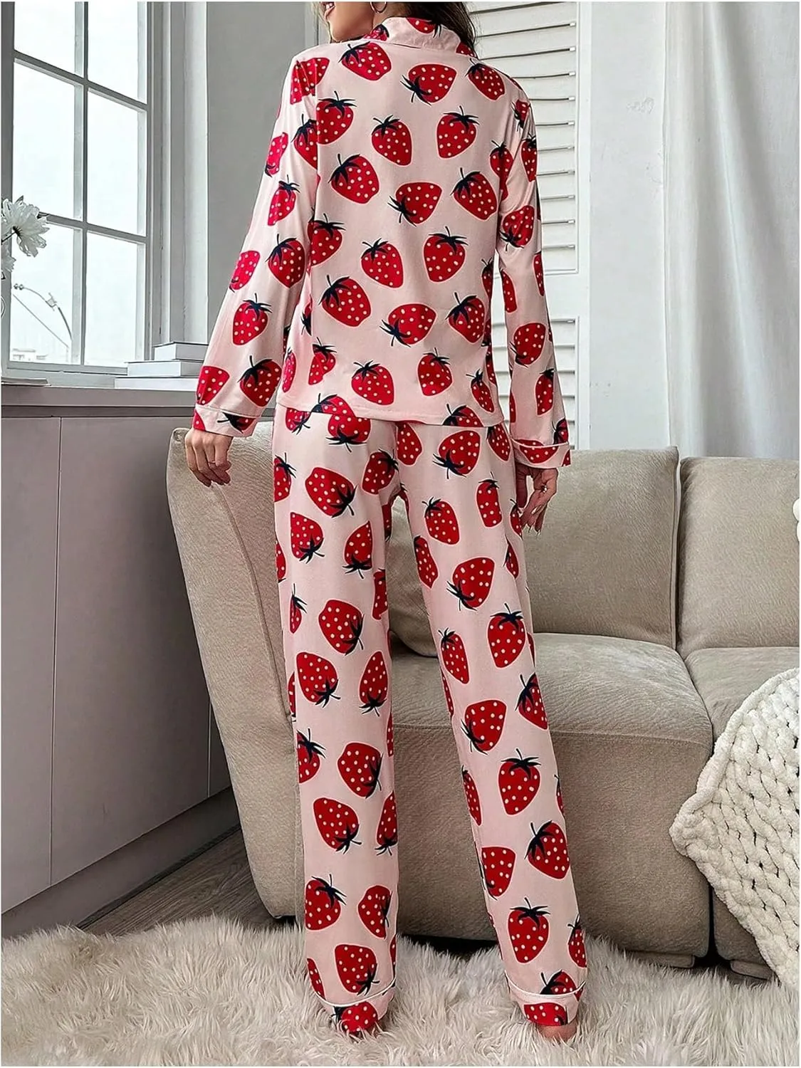 WDIRARA Women's 2 Piece Fruit Pajama Set Strawberry Print Long Sleeve Button Shirt and Pants Sleepwear