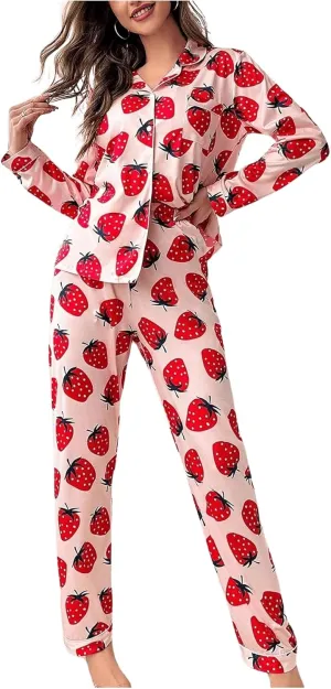 WDIRARA Women's 2 Piece Fruit Pajama Set Strawberry Print Long Sleeve Button Shirt and Pants Sleepwear