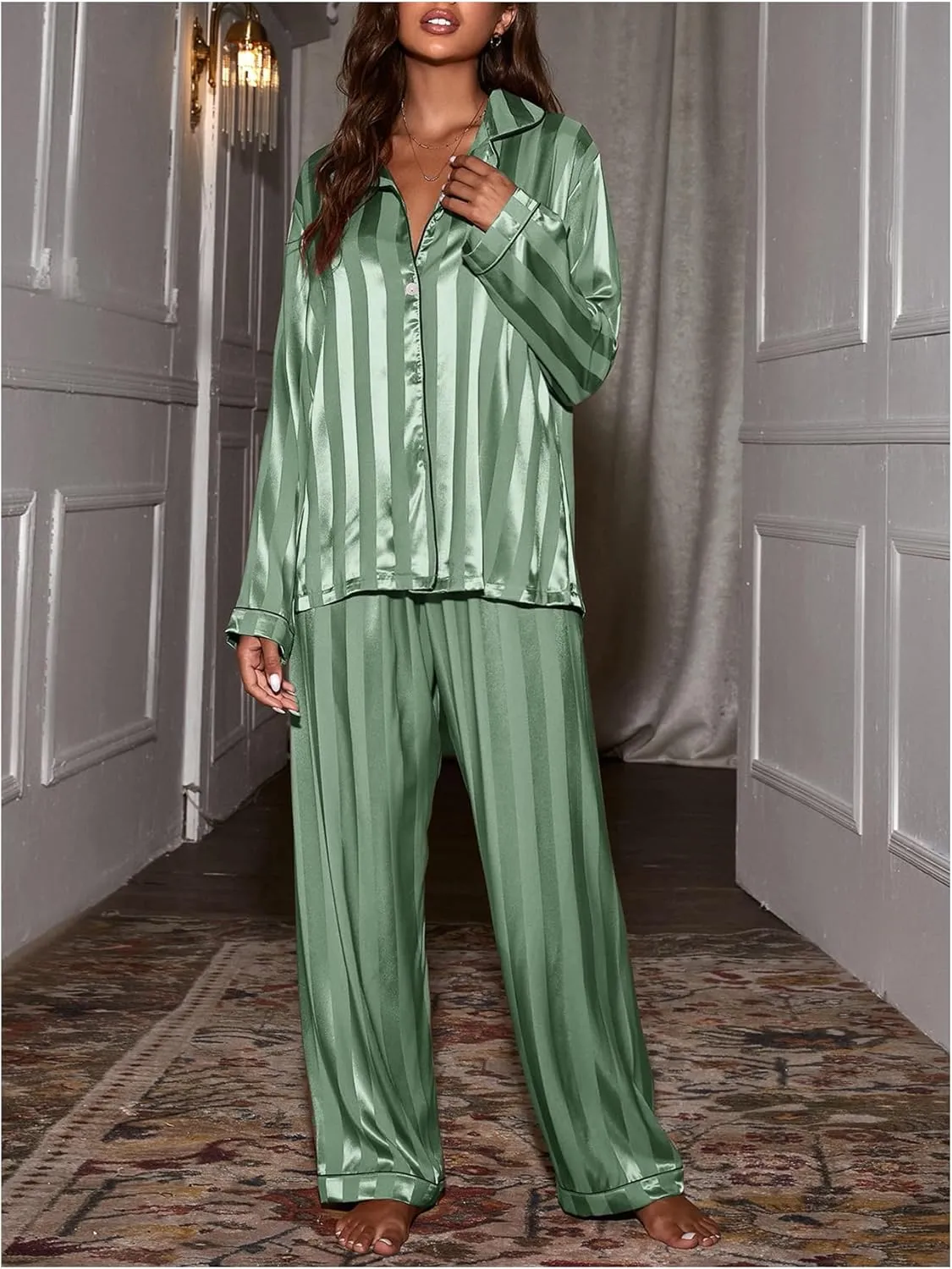 WDIRARA Women's Satin Pajama Set Striped Button Down Long Sleeve Shirt and Pants 2 Piece Sleepwear