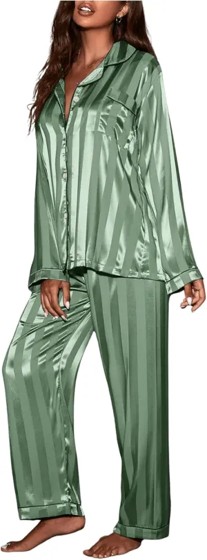 WDIRARA Women's Satin Pajama Set Striped Button Down Long Sleeve Shirt and Pants 2 Piece Sleepwear