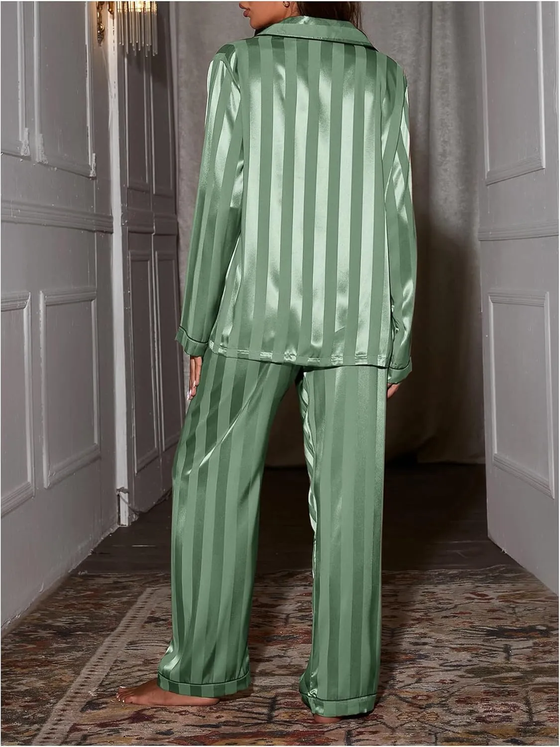 WDIRARA Women's Satin Pajama Set Striped Button Down Long Sleeve Shirt and Pants 2 Piece Sleepwear