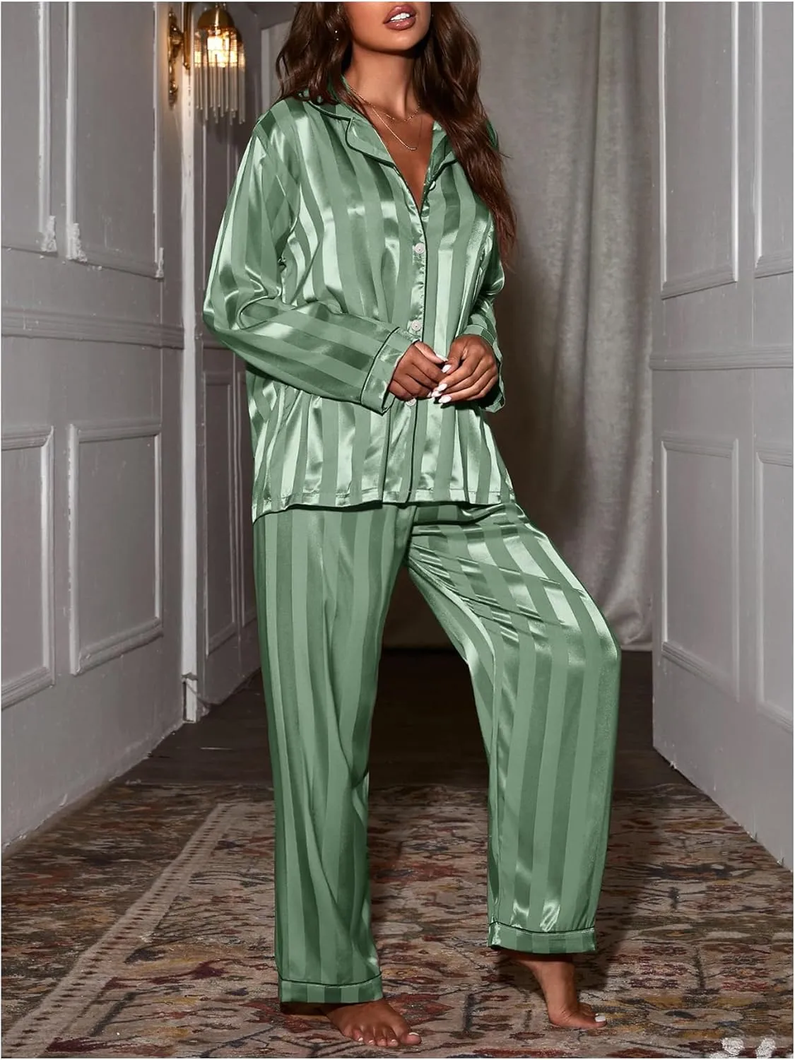 WDIRARA Women's Satin Pajama Set Striped Button Down Long Sleeve Shirt and Pants 2 Piece Sleepwear