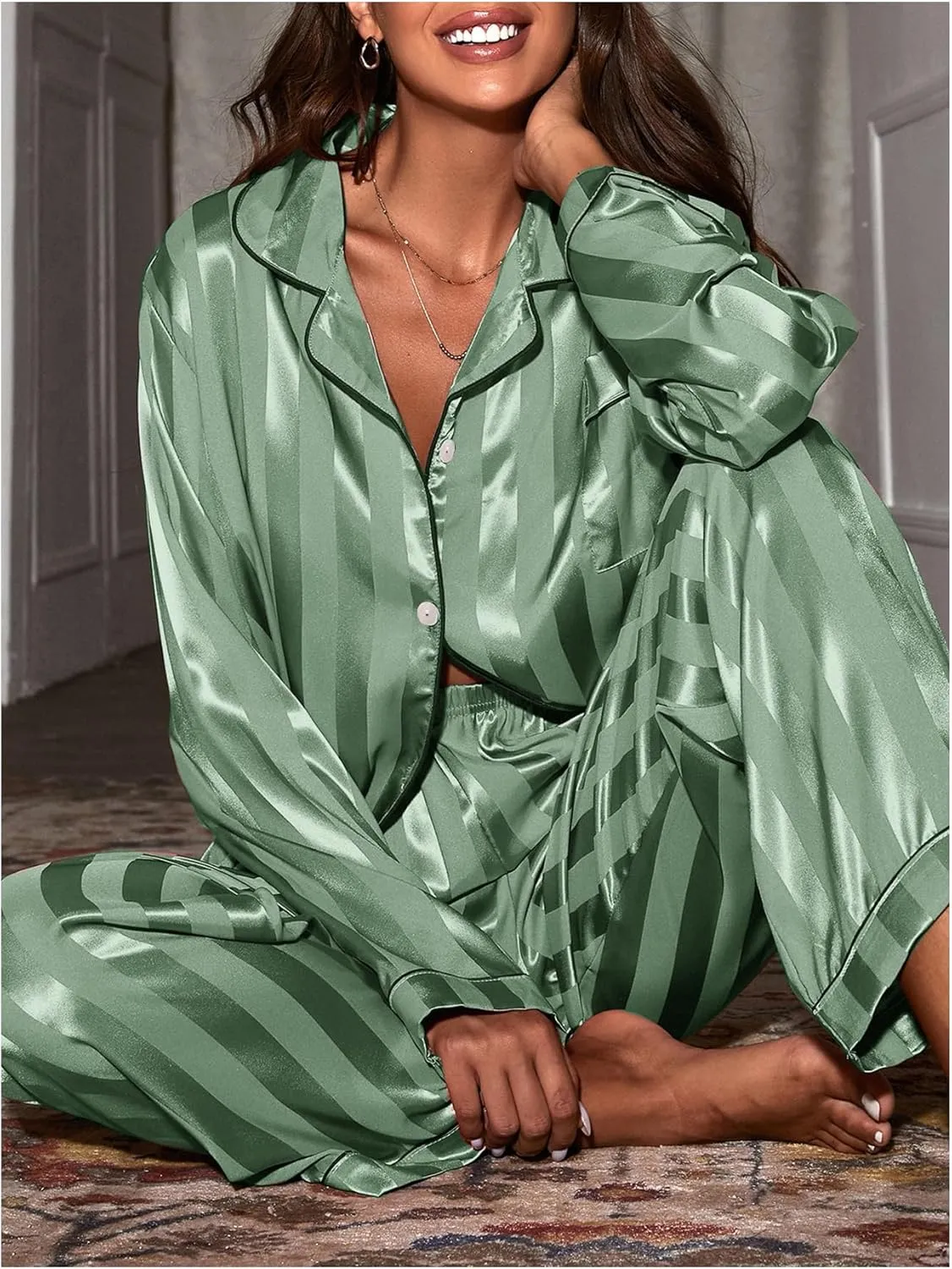 WDIRARA Women's Satin Pajama Set Striped Button Down Long Sleeve Shirt and Pants 2 Piece Sleepwear
