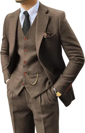 Wemaliyzd Vintage Men's Suit 3 Piece Plaid Tweed Herringbone Suits for Wedding Business Blazer Vest Pants