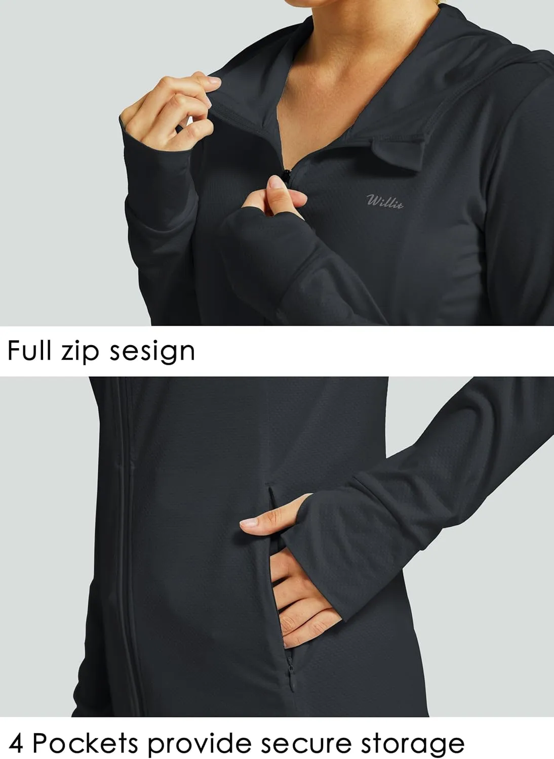 Willit Women's UPF 50  Sun Protection Shirts UV Long Sleeve Zip Hoodies SPF Lightweight Jacket Hiking Outdoor with Pockets