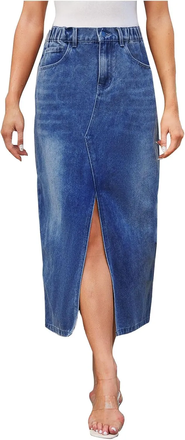 Women Fashion Denim Midi Skirt, High Waisted Stretch A-Line Skirts Slit Front Washed Cargo Jean Skirts with Pockets