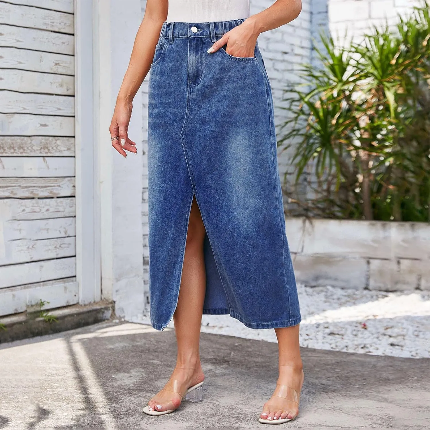 Women Fashion Denim Midi Skirt, High Waisted Stretch A-Line Skirts Slit Front Washed Cargo Jean Skirts with Pockets