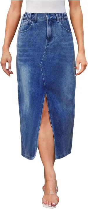 Women Fashion Denim Midi Skirt, High Waisted Stretch A-Line Skirts Slit Front Washed Cargo Jean Skirts with Pockets