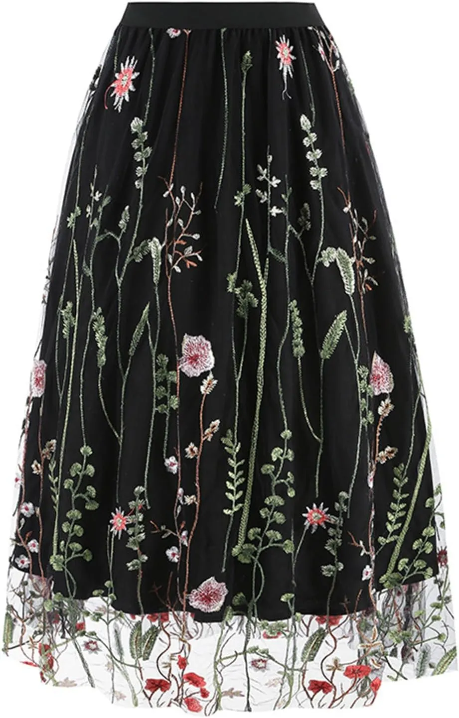 Women Floral Embroidered Tulle Skirts Mesh A-Line Layered Midi Skirt Elastic High Waist Swing Pleated Vintage Skirts