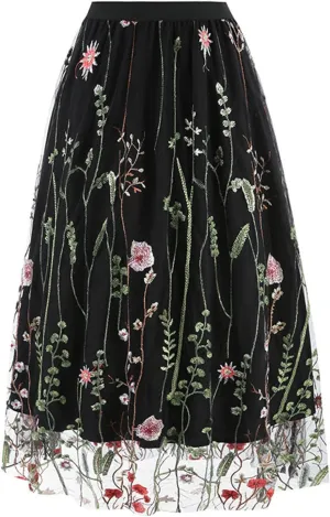 Women Floral Embroidered Tulle Skirts Mesh A-Line Layered Midi Skirt Elastic High Waist Swing Pleated Vintage Skirts