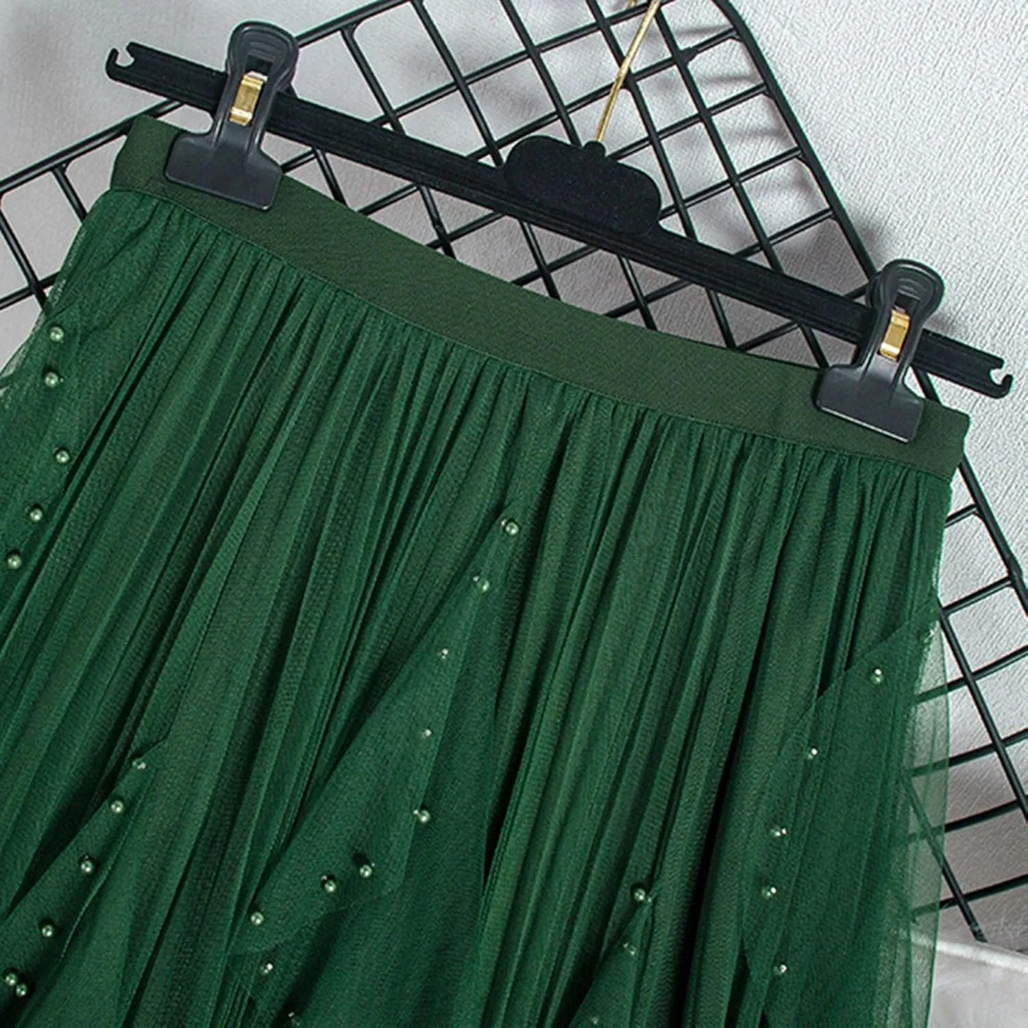 Women Tutu Tulle Long Skirt Elastic High Waist Layered Skirt Mesh Midi Skirt Irregular A-Line Beading Party Skirts