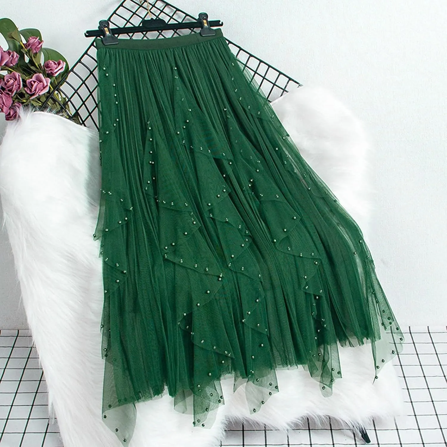 Women Tutu Tulle Long Skirt Elastic High Waist Layered Skirt Mesh Midi Skirt Irregular A-Line Beading Party Skirts